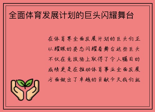 全面体育发展计划的巨头闪耀舞台